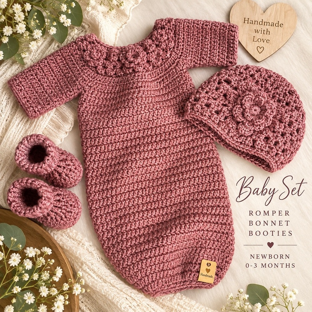 Handmade Crochet Baby Romper Bonnet Booties Floral Heirloom Set 0-3M